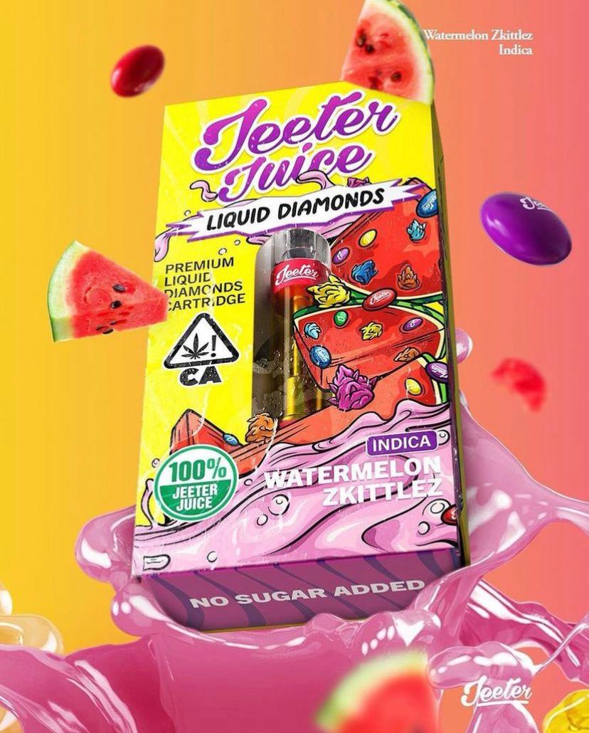 - Da Green Corner Weed Delivery "Jeeter Juice Watermelon Zkittlez is a flavorful cannabis concentrate with a vibrant watermelon aroma and sweet, fruity notes. The product is a pre-filled vape cartridge that delivers a smooth, refreshing experience with each puff. It features a balance of tropical, juicy watermelon and candy-like Zkittlez flavors, making it a go-to for users seeking a tasty, potent experience.